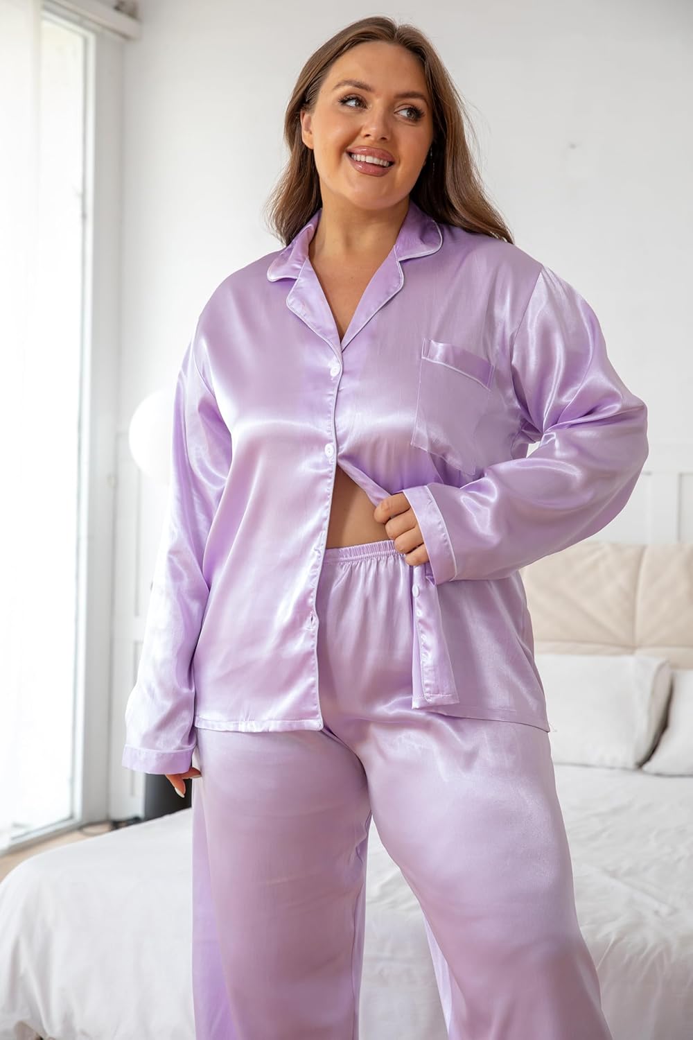 Vozanet Women's Plus Size Button Down Pajama Sets Satin Silky Long Sleeve Long Pants Sleepwear Loungewear Nighty XL to 5XL